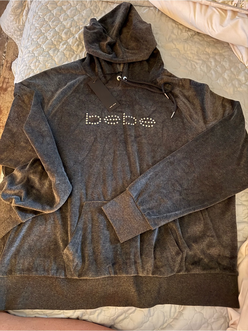 bebe womens Dark Charcoal Hoodie with Studded Logo